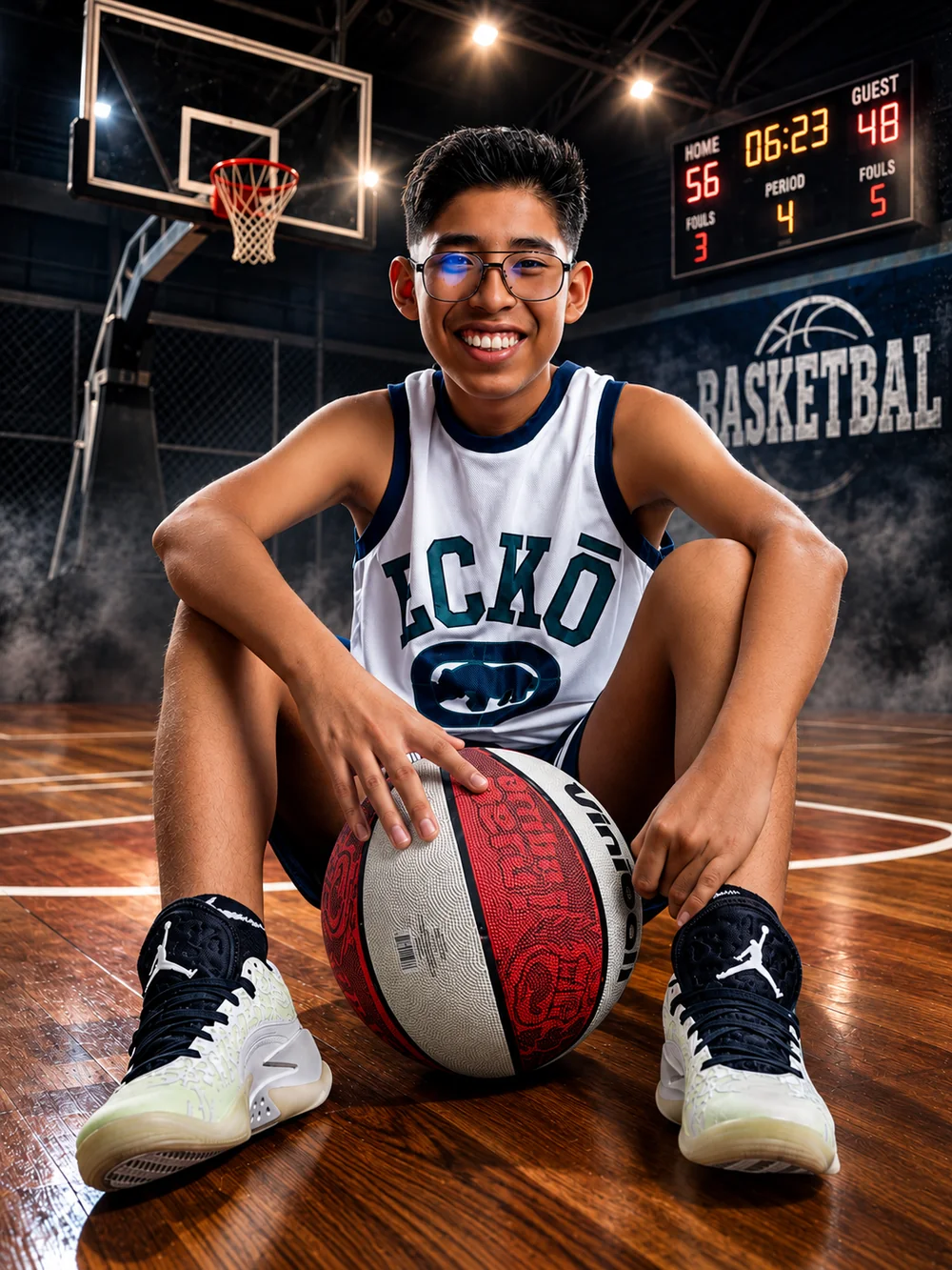 Santi con balón de baloncesto en un retrato de estilo deportivo